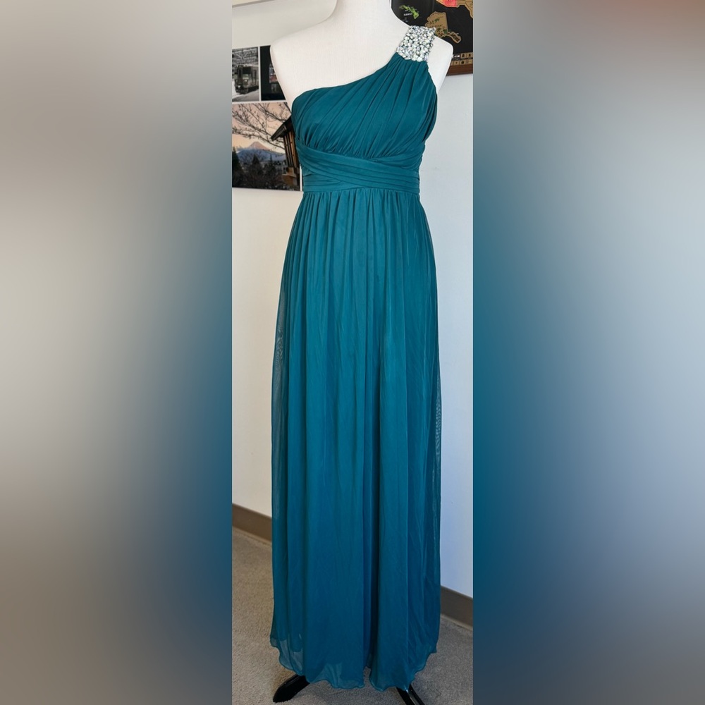 VTG Way-In Teal One Shoulder Jeweled Maxi Dress Gown Size 9 Formal Prom Chiffon